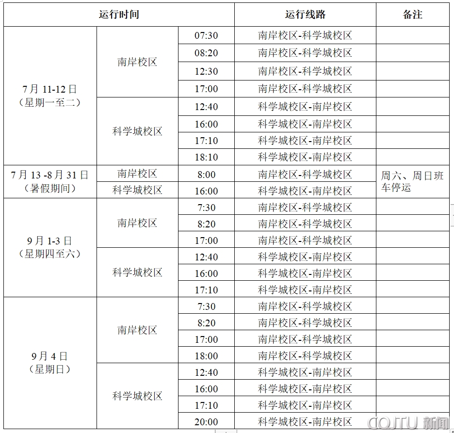 南岸校区⇋科学城校区交通车2022年暑假及其前后运行时刻表